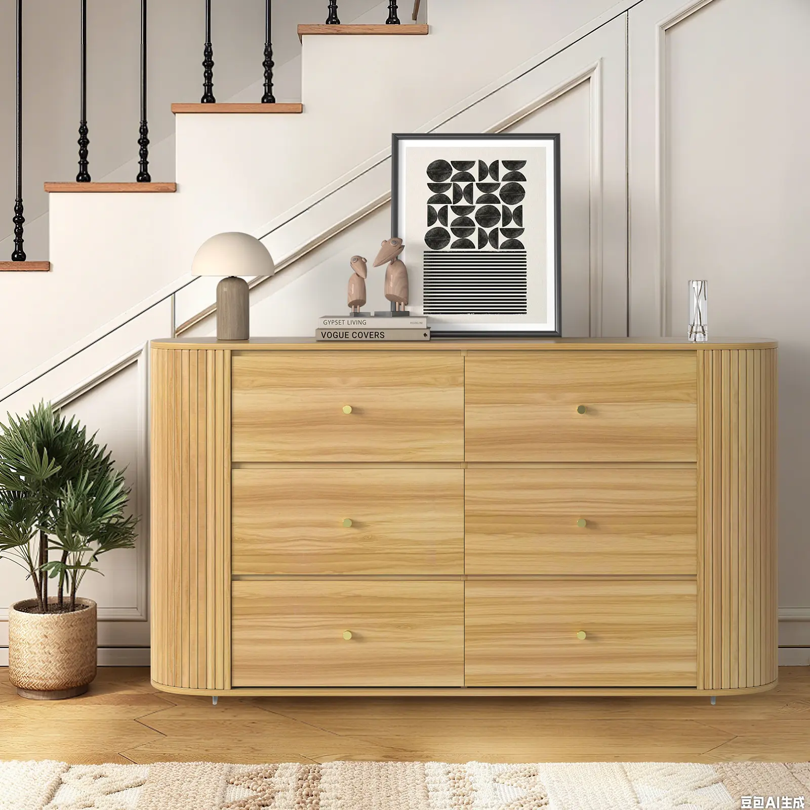 6-Drawer Wooden Dresser – Modern MDF Construction, Curved Edges, Durable Metal Handles, Spacious Storage Chest for Bedroom, Living Room, Hallway