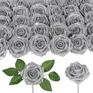 IPOPU 30PCS Silver Fake Glitter Roses 3.15" Faux Roses Artificial Flowers with Stems for DIY Wreath Wedding Bouquet Party Christmas Home Decoration