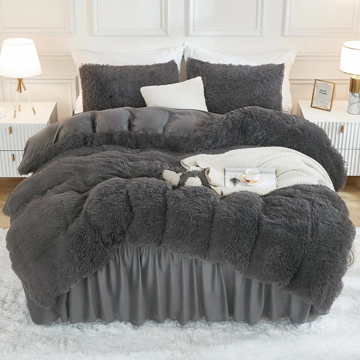 Dark Grey Comforter Set King Size, 3 Pieces Faux Fur Gray Fuzzy Plush Bedding Comforter Set, Soft Puffy Comfy Down Alternative Comforter Bed Set