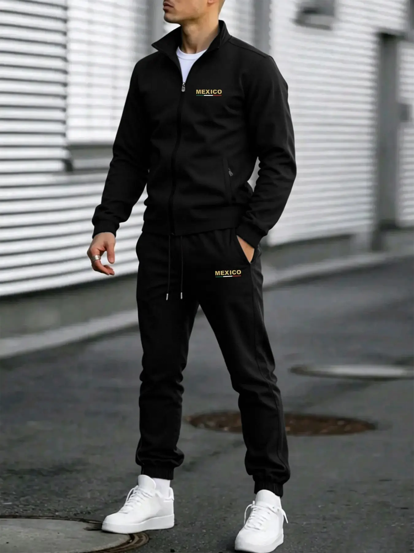 2-Piece Set Long Sleeve Jacket + Drawstring Pants, Mexican Letter Print, Casual Outdoor Wear, All-Season Fashion, Menswear
