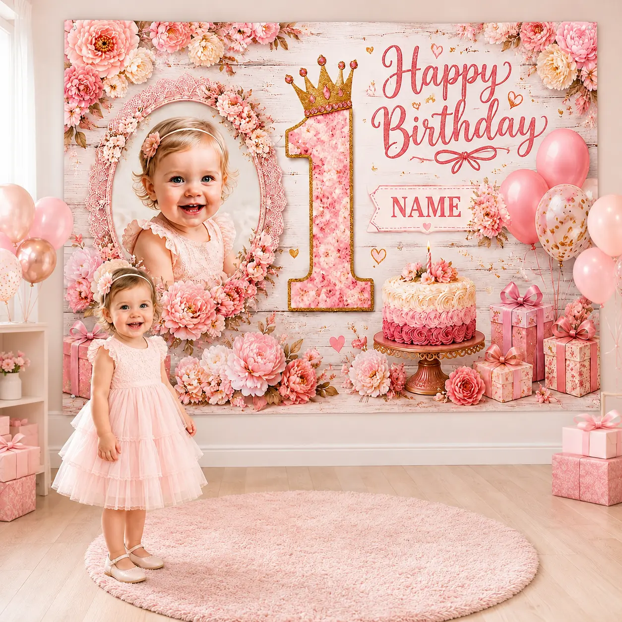 Personalized 1st Birthday Backdrop, Custom Photo-Name Pink Floral Number 1 Party Decor (Festive Home Supplies, Banners)