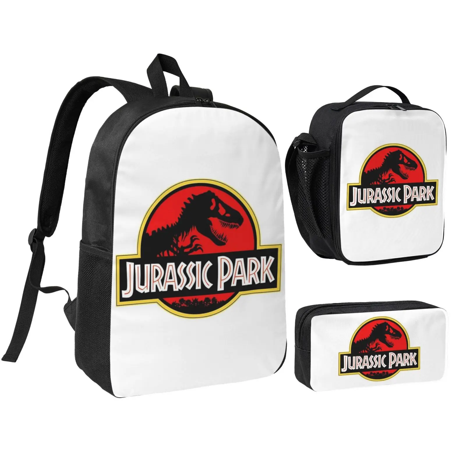 Kids' Unisex Jurassic Park Graphic 3-Piece Synthetic Backpack Set - 1.8in x 8.7in x 4.4in, Foam Padding, Lunchbox, Zip Pencil Case, Adjustable Straps, School/Travel Bag, Parties/Birthdays Gifts for Teens