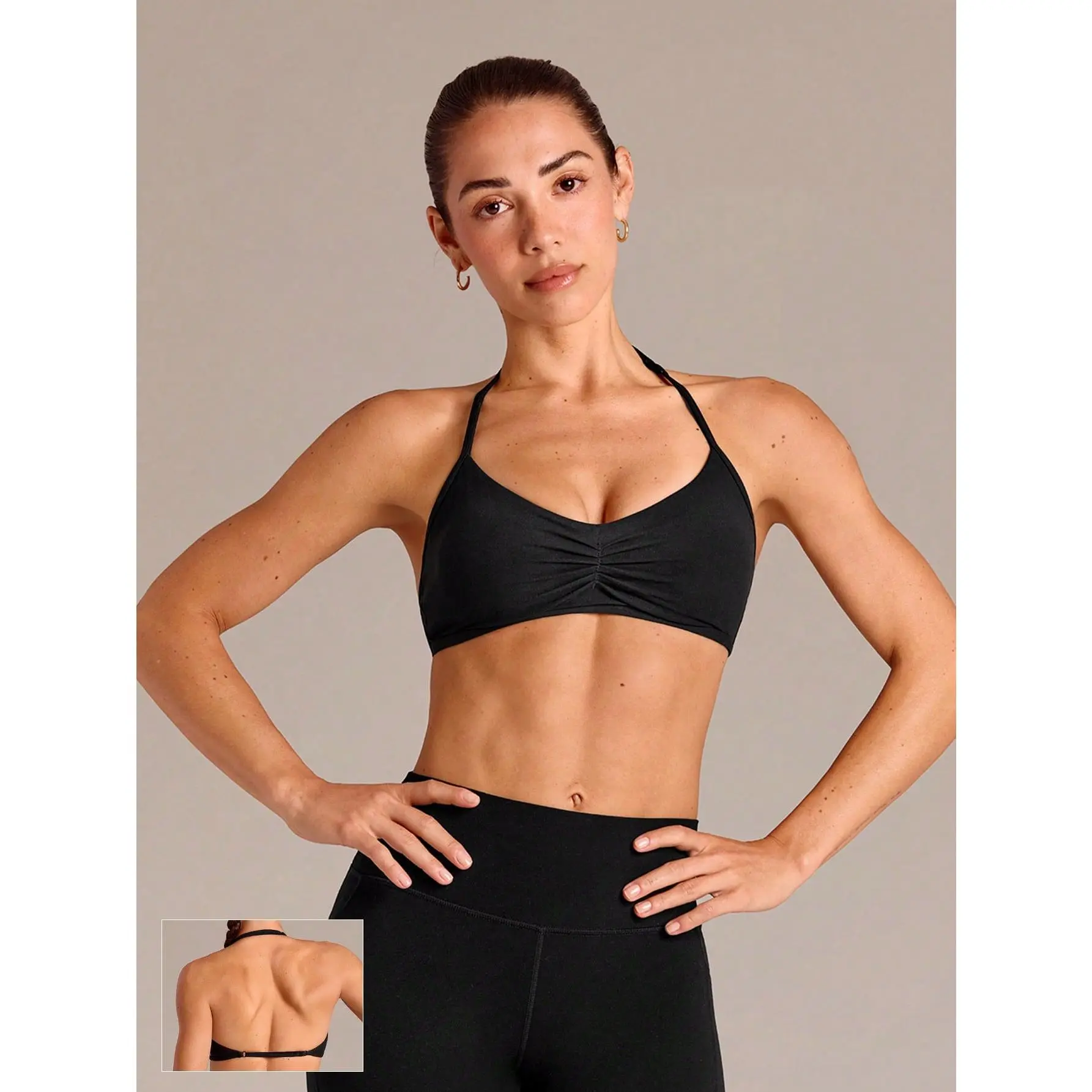 GLOWMODE FeatherFit Adjustable Halter Neck Backless Ruched Front Sports Bra With Removable Anti-Slip Cups Yoga Studio Pilates Daily Wear