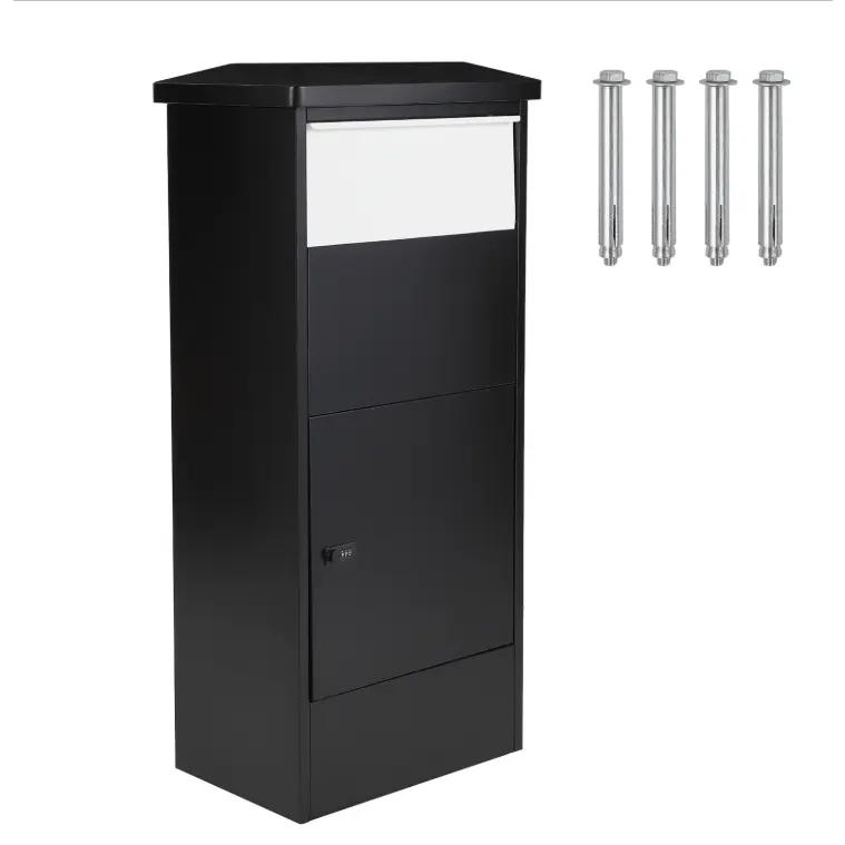 Hosslly Large Black Lockable Freestanding Galvanized Steel Mailbox - Anti-Theft, Weather-Resistant Parcel Drop Box, Porch Storage for Curbside, 20.5"x13.8"x44.1"