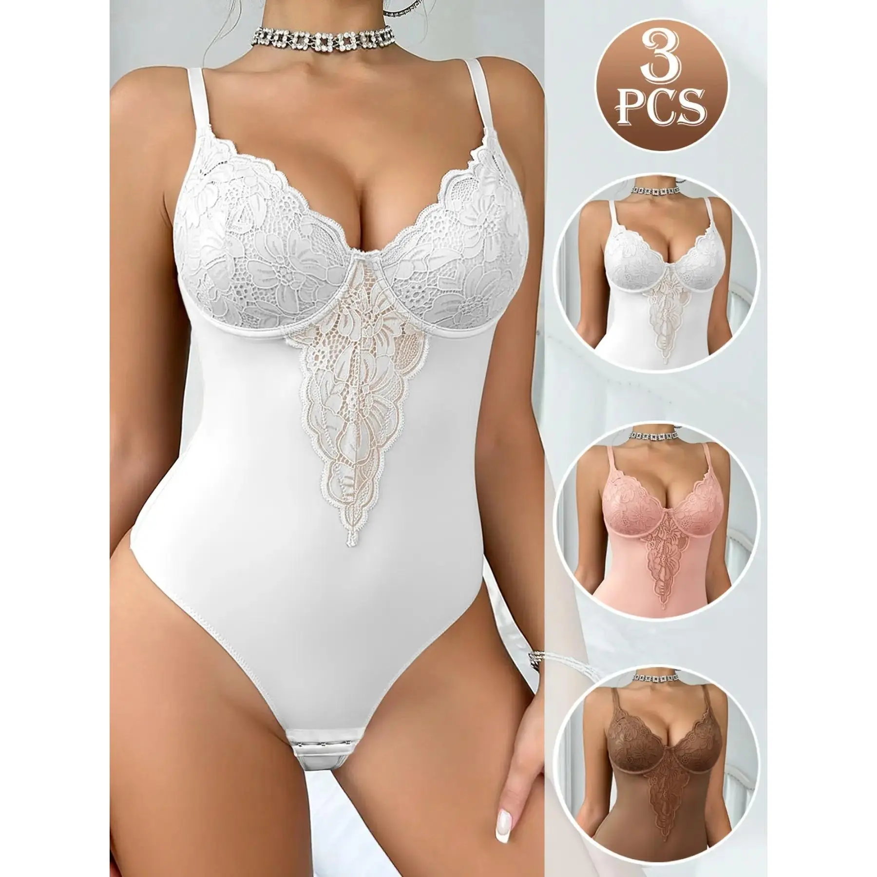 Women's Sexy 3-Pack Deep V Lace Backless Shapewear Bodysuit, Busty Support Bra, High-Stretch Waist Cinch, Adjustable Straps, Home & Office Wear