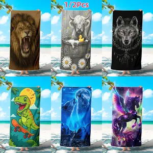 1/2Pcs Ferocious African Roaring Lion Beach Towel, Retro Brown Background Wild Beast Pattern Towel,, For Outdoor Camping Beach and Seaside Swimming Pool Quick-Drying Bath Towel & Beach Towel