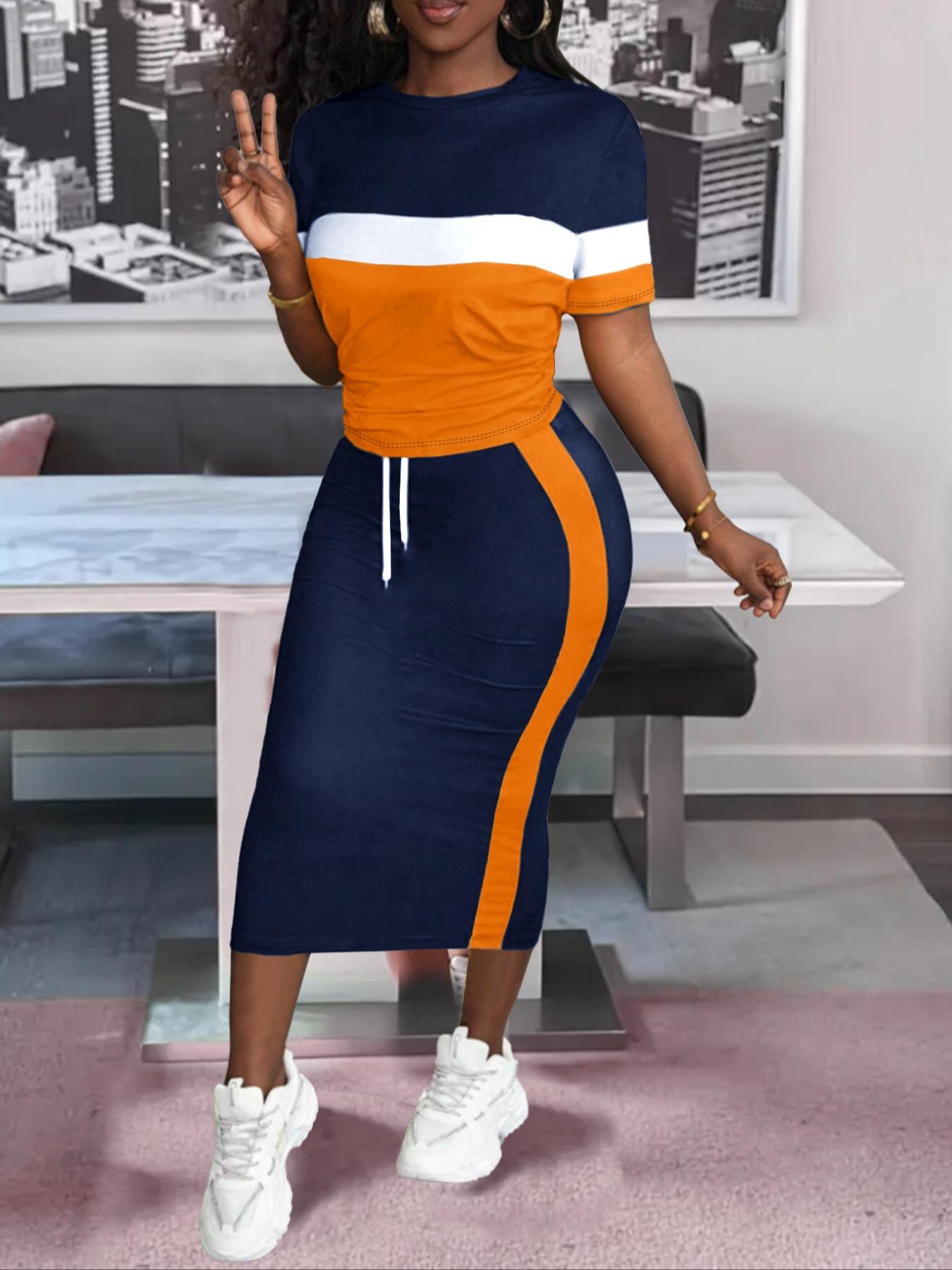Women's Colorblock Print Two-piece Set, Casual Fashion Cozy Round Neck Tee & Skirt for Daily Outdoor Wear, Women Clothing for Spring Fall, Casual Matching Set