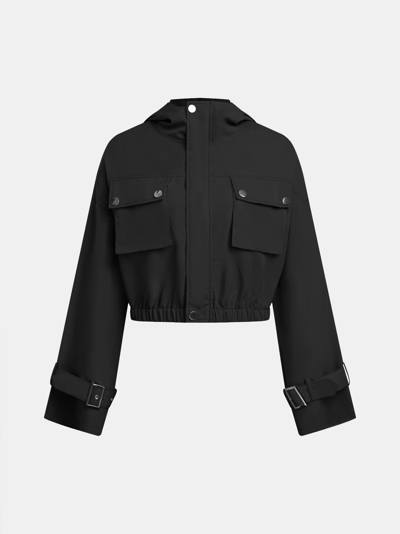 YOZY Women's Solid Button Pocket Zipper Hooded Trench Coat, Casual Drop Shoulder Long Sleeve Outerwear for Fall & Winter, Ladies Clothes for Daily Wear