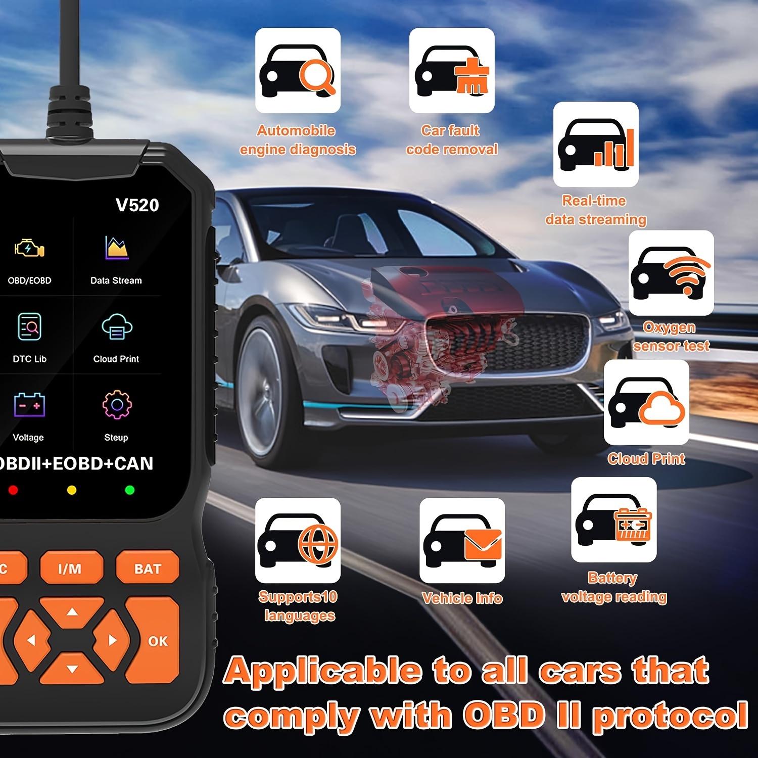 V520 Professional Car Scanner Fixed Obd2 Diagnostic Scan Tool, USB Powered Engine Fault Detector, Code Reader, Battery Tester, Supports 10 Languages