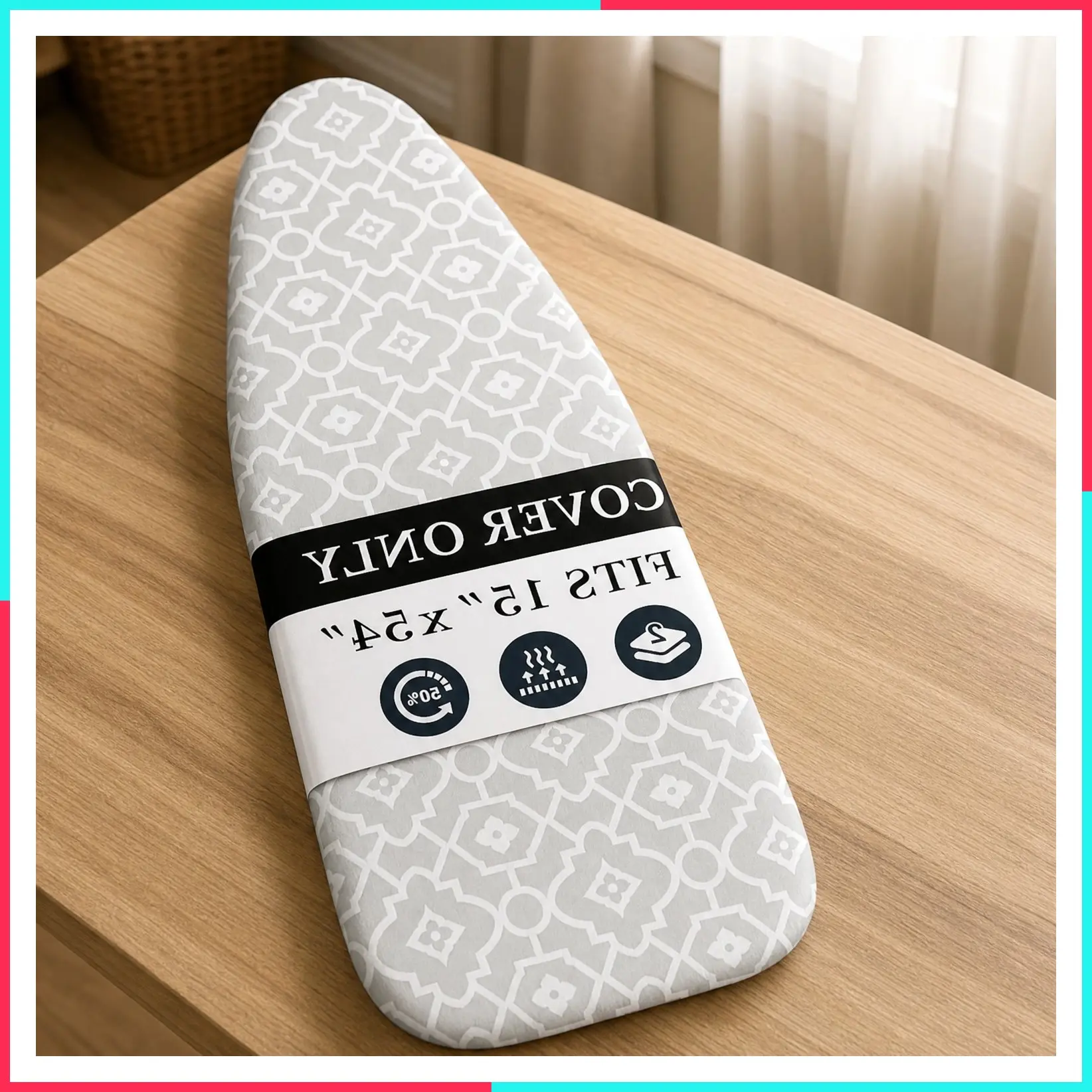 Ironing Board Cover and Pad 15" x 54" Extra Thick Natural Cotton, Scorch & Stain Resistant Padding, Heavy Duty Elastic Edge with Fasteners, Heatproof Geometric, Standard Size
