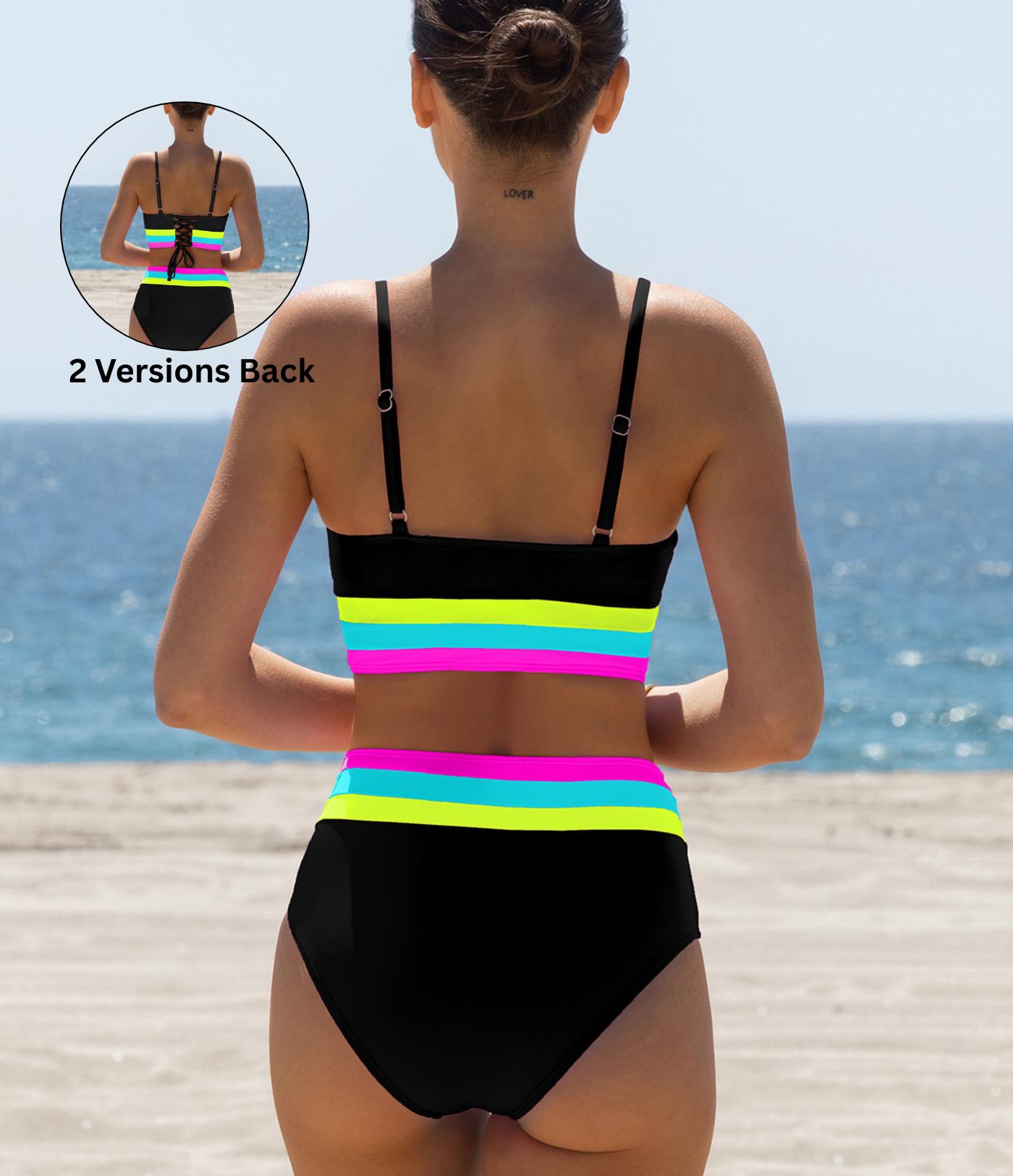 Popvil Beachball Kayaking 3 Piece Bikini Sets,Tummy Control & High Waisted Swimsuit with Adjustable Wide Shoulder Straps, Neon Color Sporty Swimsuit