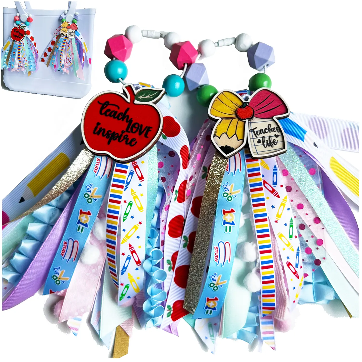 2Pcs Tassel bag charms for First Day of School Teacher Gift, thank you teacher appreciation gifts, apple pencil keychains for Back to School gifts,tassels Keyrings,purse charms, beach bag charms, handbags bag accessories