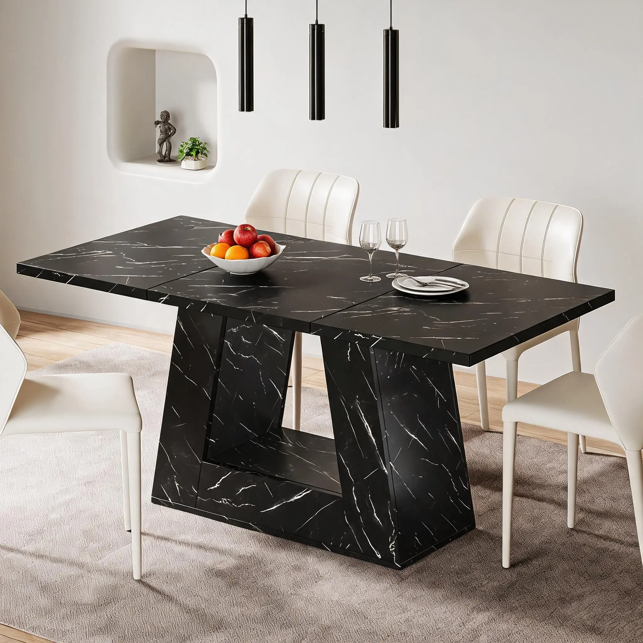 Modern Rectangular Faux Marble Dining Table - 62.99in MDF Kitchen Table with Marble Look & Sturdy Base, 300Lbs Heavy-Duty, Waterproof, Scratch-Resistant, Multi-Functional, Fits 4-6 People, Ideal for Home Use
