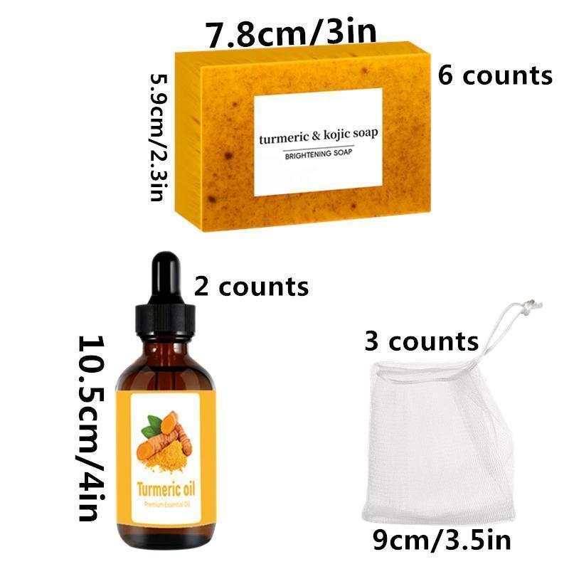 Turmeric Soap & Essential Oil Set, 6 Counts Turmeric Soap Bar & 2 Counts Turmeric Essential Oil & 3 Counts Foaming Net, Moisturizing Hydrating Moisturize Skin Care Set