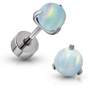 Elegant Flat Opal Stud Earrings 20G - ASTM F136 Implant-Grade High-Quality Titanium Build, 8mm Screw Length, 4mm/5mm Natural Balls, Safe for Daily Wear, 5 Color Stones (Including Blue Opal), 1 Pair