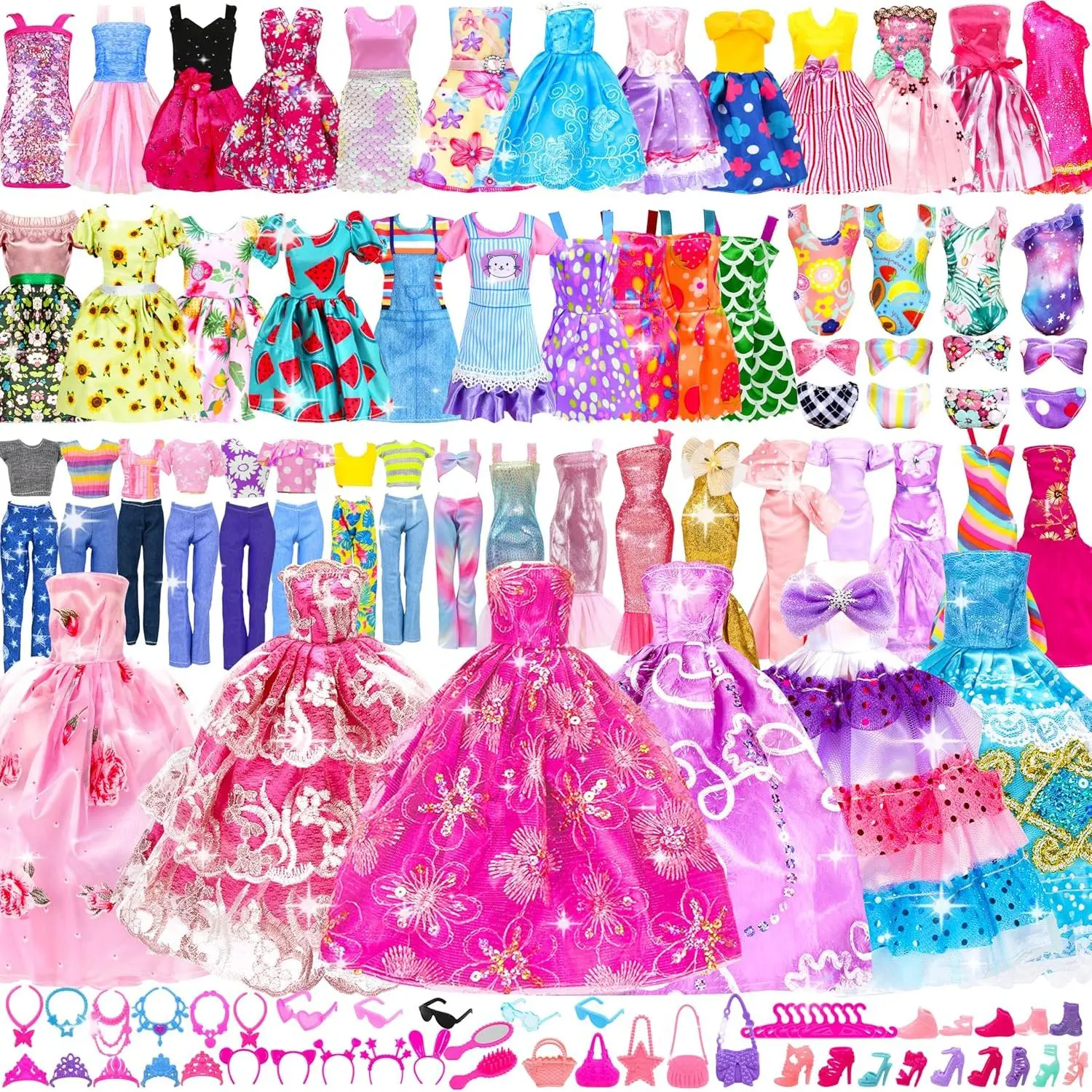 138 Pcs Doll Clothes and Accessories, 5 Wedding Gowns 9 Fashion Dresses 3 Tops 3 Pants 3 Bikini Swimsuits 20 Shoes  11.5 inch Doll Christmas Stocking Stuffers Girls Gift Age 5-7 8-10