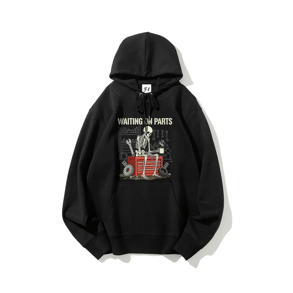 Waiting On Parts Mechanic Skeleton Garage Graphic Hoodie Retro Car Repair Skeleton Slogan Pullover Men Workwear Streetwear Hooded Sweatshirt Menswear fall outfits Tops