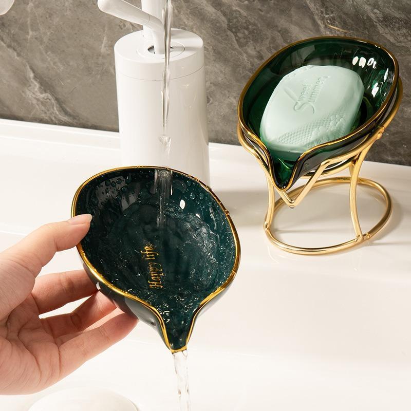 HavenThread Countertop Soap Dish with Stand Leaf Shaped Soap Bar Holder Luxury Drain Storage Rack for Home Kitchen Bathroom Box