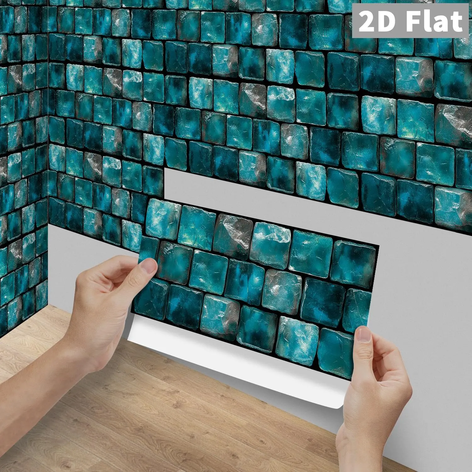 6/12/24/48Pcs FG Cyan Blue Gemstone Square Mosaic Tile Decorative Stickers, 2D Flat PVC Crystal Film Self Adhesive Waterproof Oilproof Wall Decals For Kitchen Bathroom Floor Wood