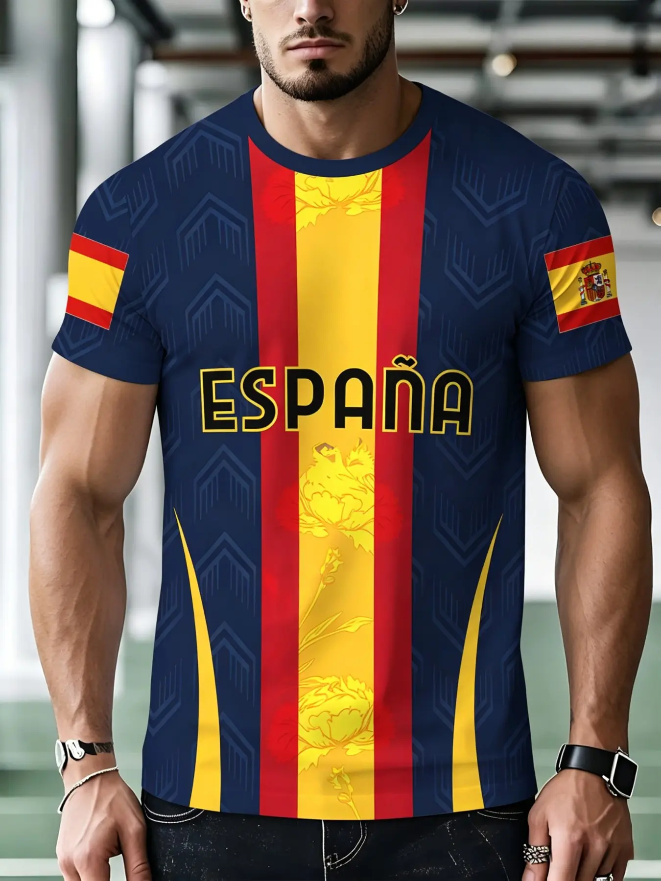 Men's Spain Floral Vertical Stripe Short Sleeve T-Shirt, Flag Sleeve Badge Football Fan Casual Sporty Top, All Seasons Loose Fit