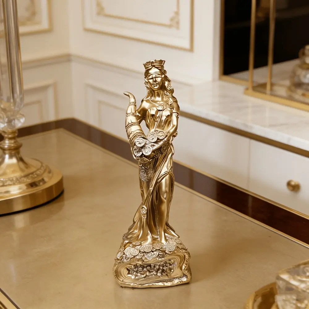 1-piece Greek Tyche Wealth Luck Goddess Statue, European-style Luxury Home Desktop Decorative Ornament. A lucky charm for prosperity and good fortune. Ideal for living rooms, entryways, study rooms, and office decor.