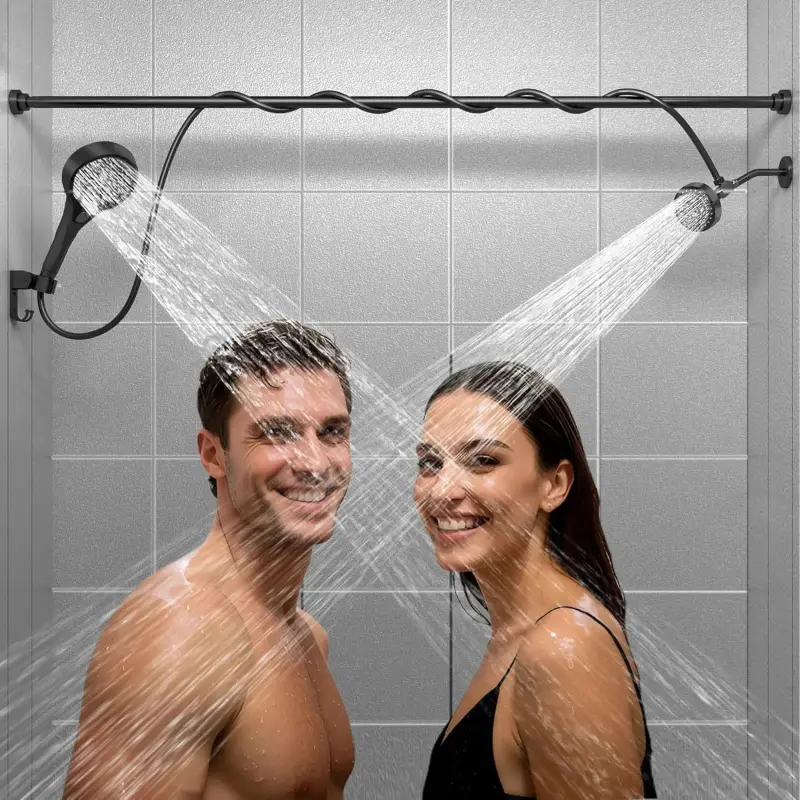 Dual Shower  with Handheld for Couples: High  Double Shower Heads for Two People - Adjustable Two Showerhead System with 3 Flow Settings Fits 2 Person Bathroom (Black)