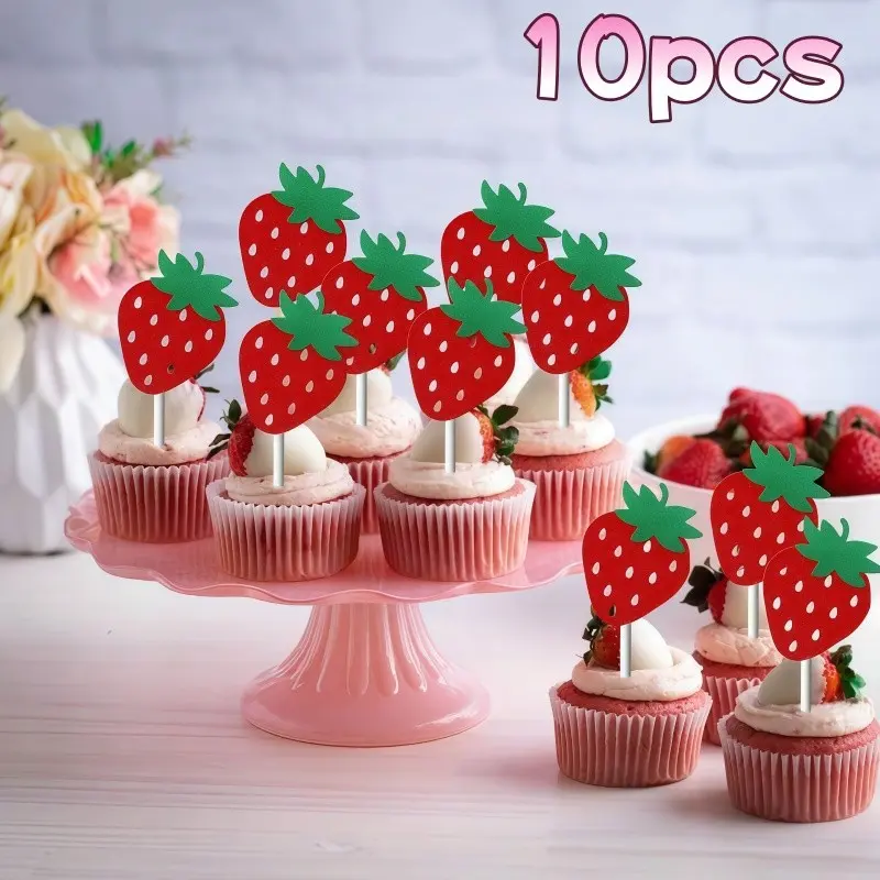 10pcs Glitter Strawberry Cake Topper Decorations, Cake Decorating Supplies, Cupcake Toppers, Elegant Fruit Design, Perfect for Cupcakes, Desserts, Birthday Parties, Picnics