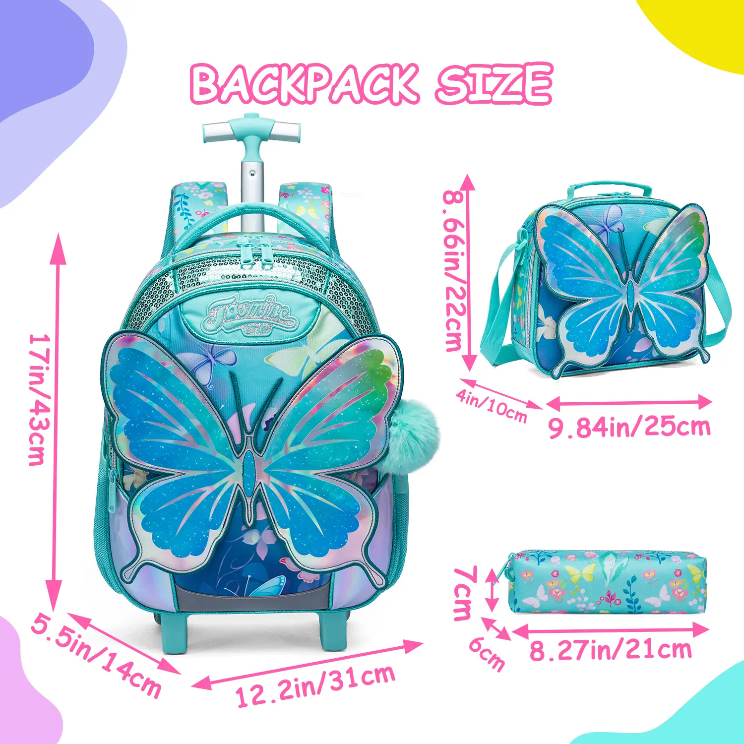 3-Piece Girls Teal Butterfly Rolling Backpack Set | Cute 3D Butterfly Wings Sequins Schoolbag 17" Large Capacity with Insulated Lunch Bag & Pencil Case | Wheeled Trolley Bookbag for Elementary School