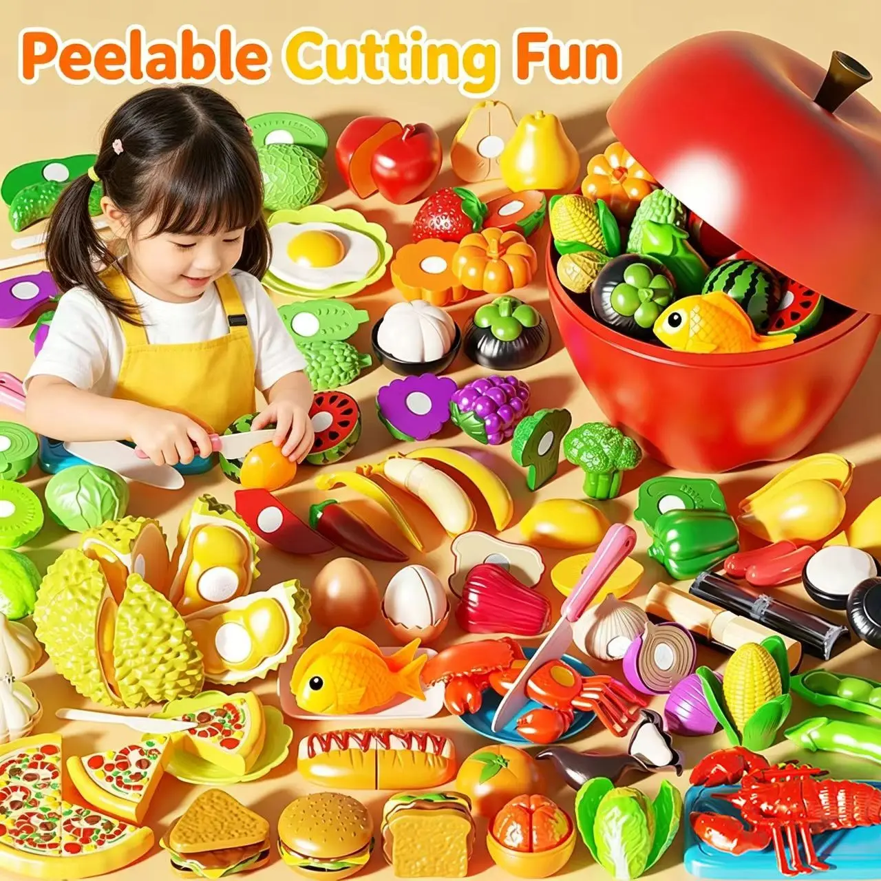 LukkyeStudio Kids' Pretend Cooking Playset with Fruit Cutting Toys, Seafood Models, Fruit-Shaped Storage Case & Kitchen Accessories