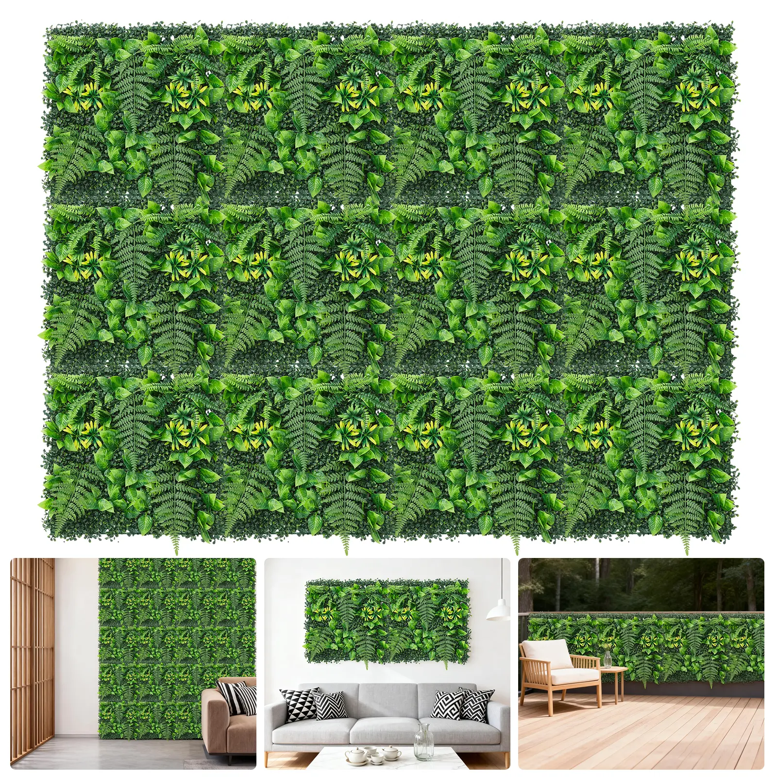 12PC Artificial Hedge Wall Panels, High Density Faux Boxwood Hedge with Milan and Fern Leaves, UV Protected Privacy Fence Screen