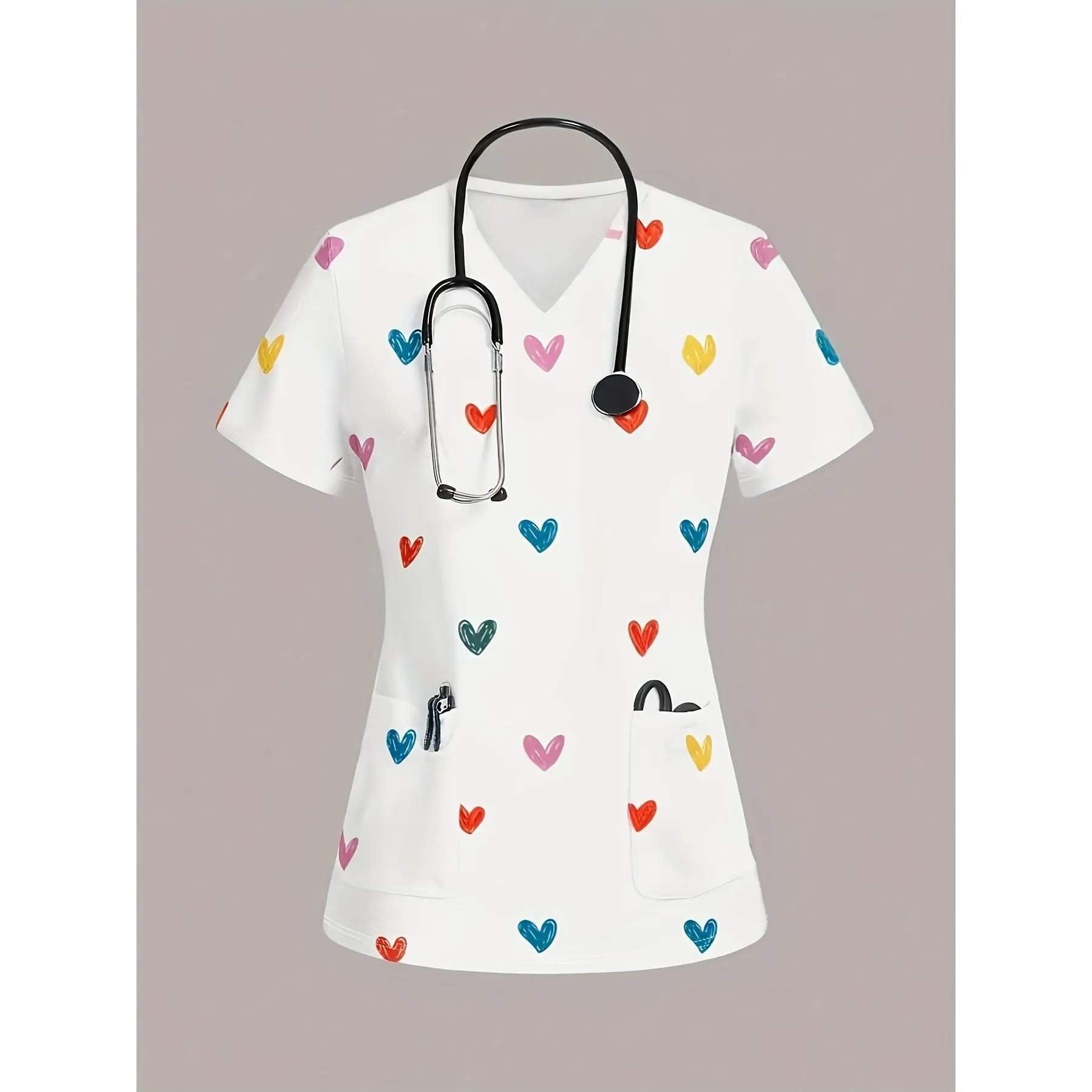 Women V-Neck Ruched Soft Stretchy Tee Shirt with 2 Pockets, Nurse Uniform V-Neck Short Sleeve Scrub Tops Suitable for Summer