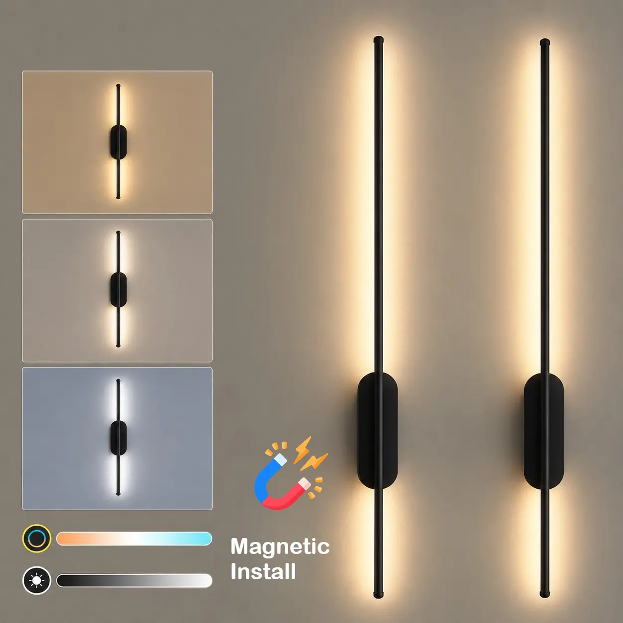 Set of 2 Rechargeable Wall Sconces, Magnetic Battery Operated Bathroom Vanity Lights, No Drill LED Mirror Lights with 3 Color Temperatures, Dimmable USB-C Wall Lights, 4000mAh Black