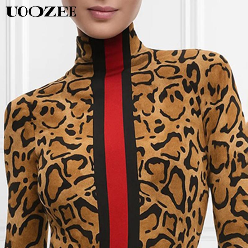 UOOZEE Women's New Fashion Retro Leopard Print Tight-fitting Skinny Contrast Turtleneck T-shirt Top Bottoming Shirt Red and Black Contrast Stripes Spring, Autumn(Sizing Runs Small - Check Size Guide or Order Larger) Casual Long Sleeve cute fall outfits