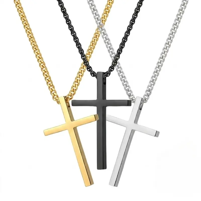Unisex Bold Style Minimalist Edge Cross Charm Necklace - Rugged Steel Cast Retro Western Large Cross Pendant Stainless Steel Fashion Costume Jewelry Accessory