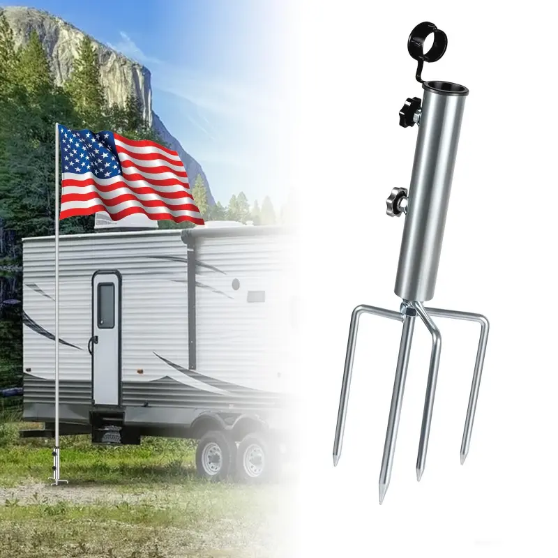 Ground-mounted flagpole base - four-prong heavy-duty metal ground stake, adjustable flagpole ground stake, suitable for 1.43inch diameter portable flagpole ground installation