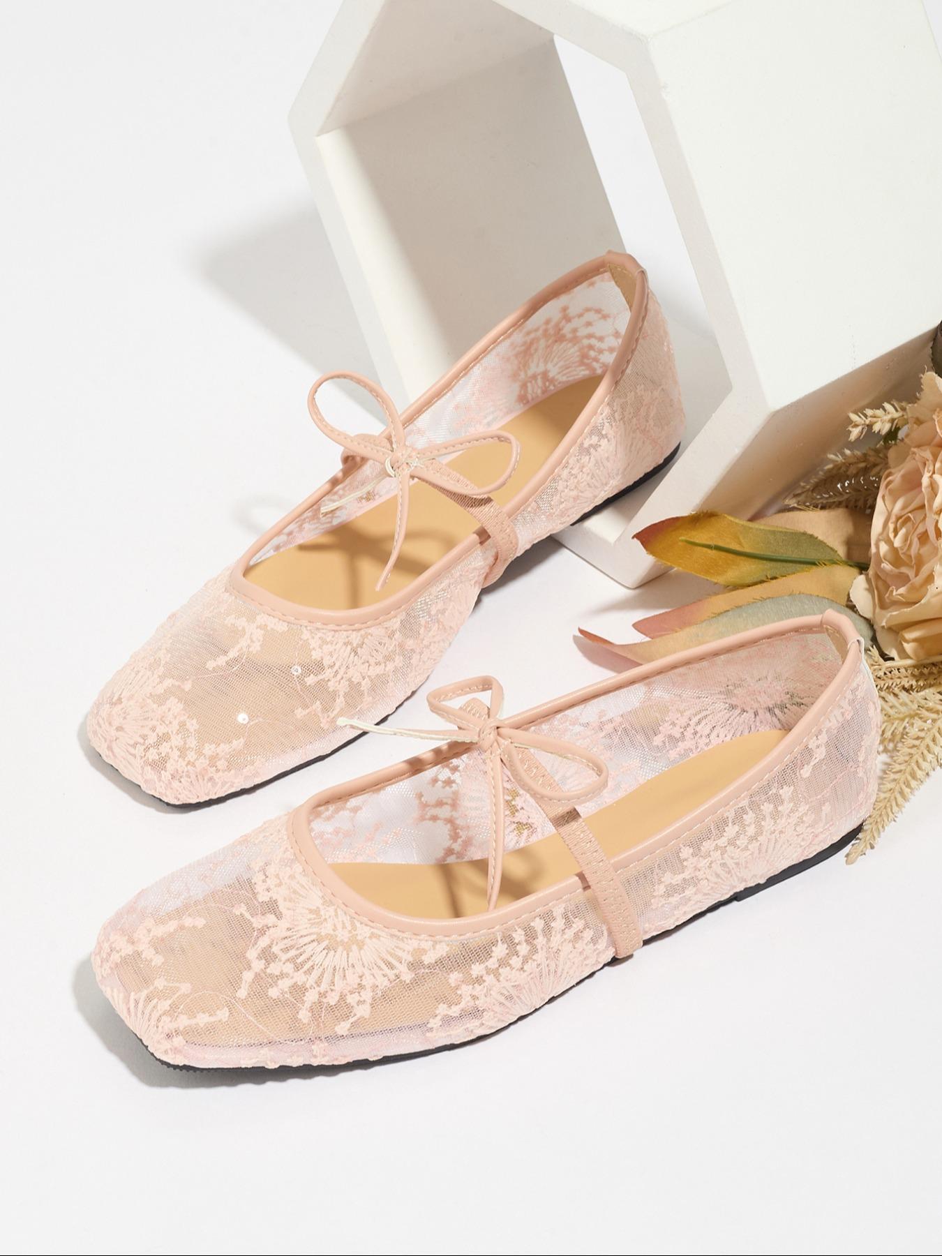 Women's Embroidered Mesh Ballet Flats, Elegant Square-Toe Flat Shoes for Parties and Daily Wear, Lightweight Breathable Comfortable Footwear for Women & Girls, Ballerina Flats Shoes