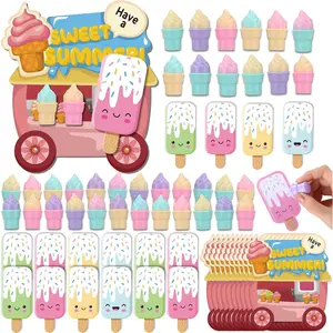 Ctosree 24 Pack End of Year Gifts Bulk with 48 Pcs Mini Ice Cream Pens 24 Pcs Ice Pop Sticky Notes Graduation Gifts with Summer Cards Summer Party Favors Ice Cream Party Favors Goodie Bags