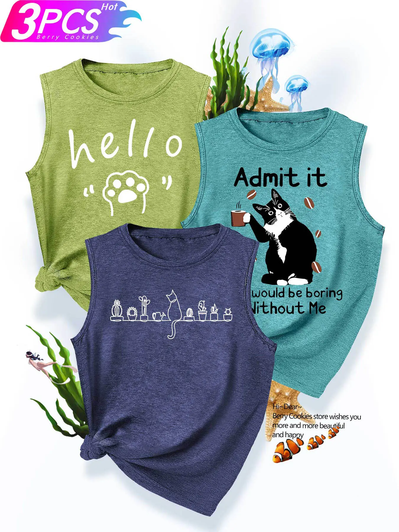 3Pcs Women Crew Neck Tank Top, Cactus Cat Line Hello Paw Coffee Funny Kitten Pet Print, Soft Aesthetic Washable Daily Fashion Tank Outfit