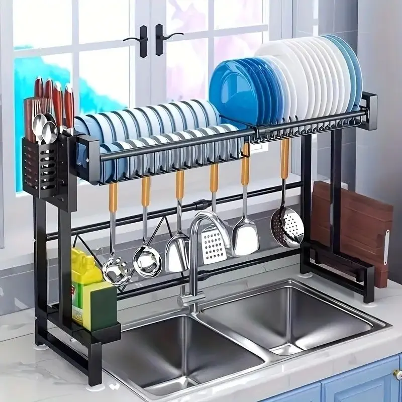 1-Pack Retractable Kitchen Sink Caddy Drain Rack - Single-Layer/Double-Layer Countertop Organizer with High Brush Holder, Black Home Storage Solution