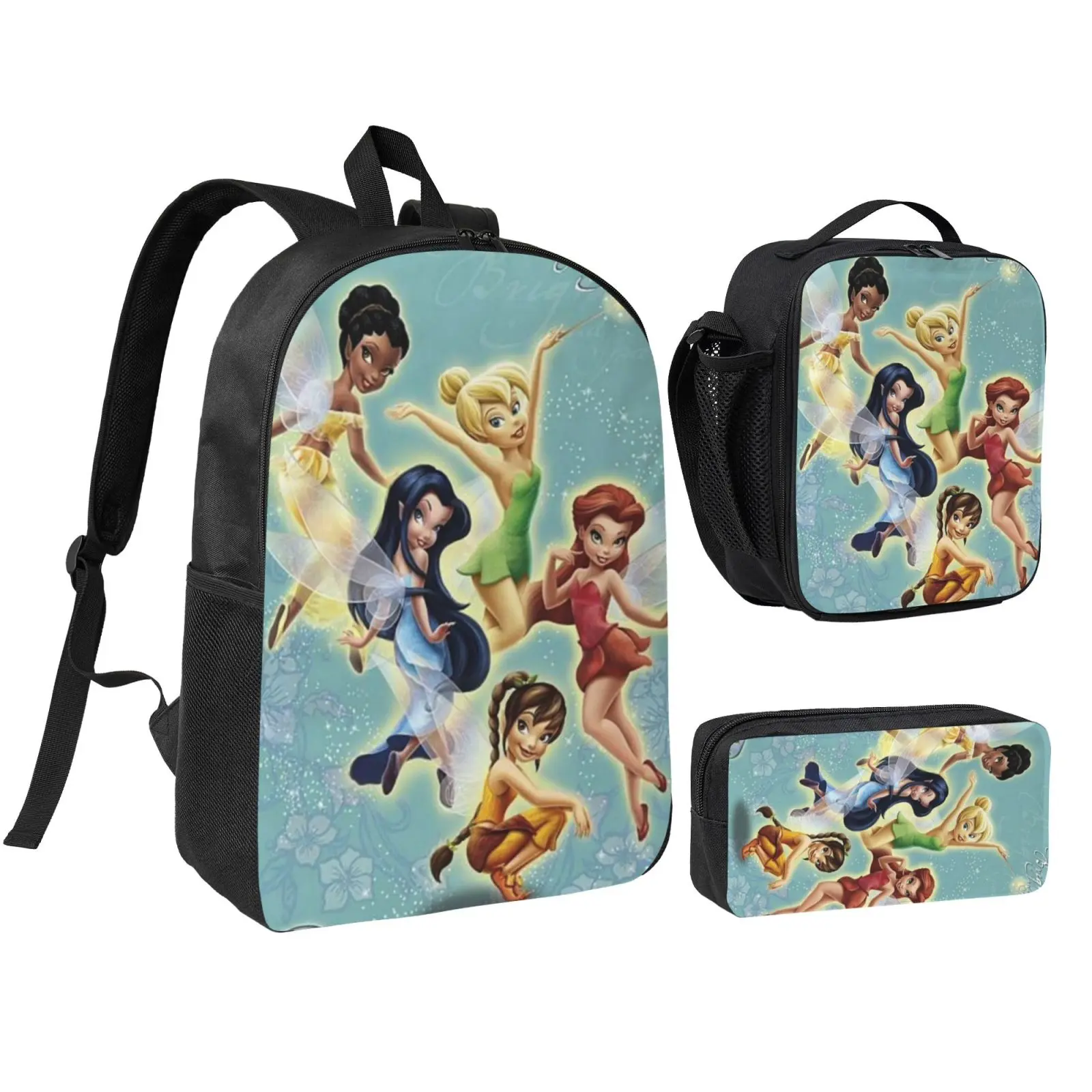 Unisex Tinkerbell3 3Pcs Anime Backpack Set for Teen Boys Girls, Adjustable Strap School Bookbag with Insulated Lunch Bag & Pencil Case, Lightweight Daypack for School Travel Office