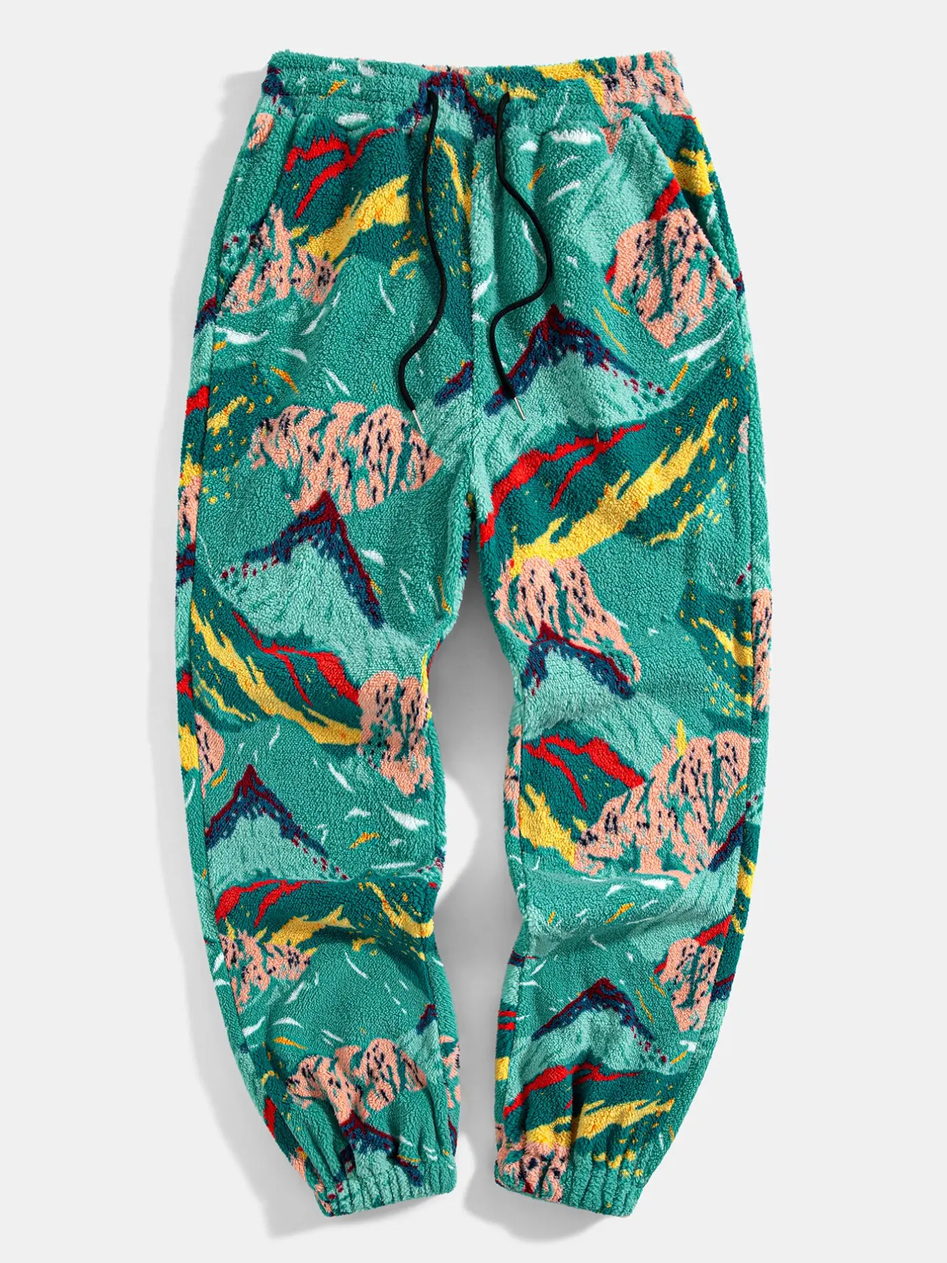 Vibrant Mountain Print Fluffy Jogger Pants for Men, Warm Fuzzy Plush Drawstring Sweatpants, Loose Casual Trousers for Lounging