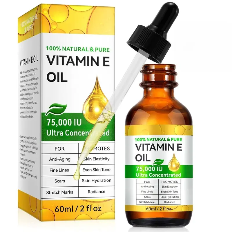 100% Natural Pure Vitamin E Oil (75000 IU, 2Fl Oz/60ml Bottle) - Vegan, Unscented, Cruelty-Free Anti-Aging Daily Moisturizer for Mature Skin, All Types, Face & Body Care