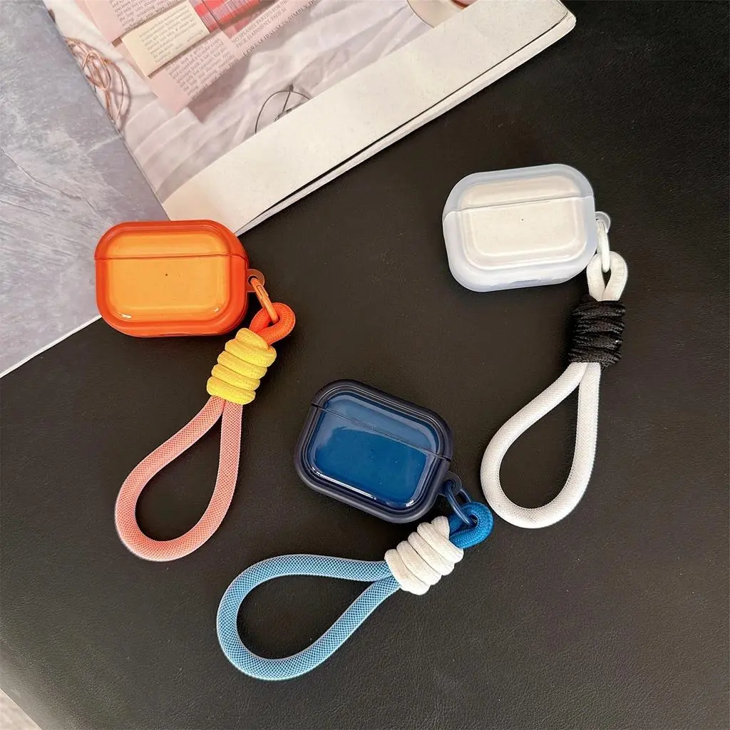 Simple Translucent Effect Orange Dark Blue White Rectangle Lanyard Earphones Protective Cover Case for AirPods 2 3 4 Pro2 Pro3