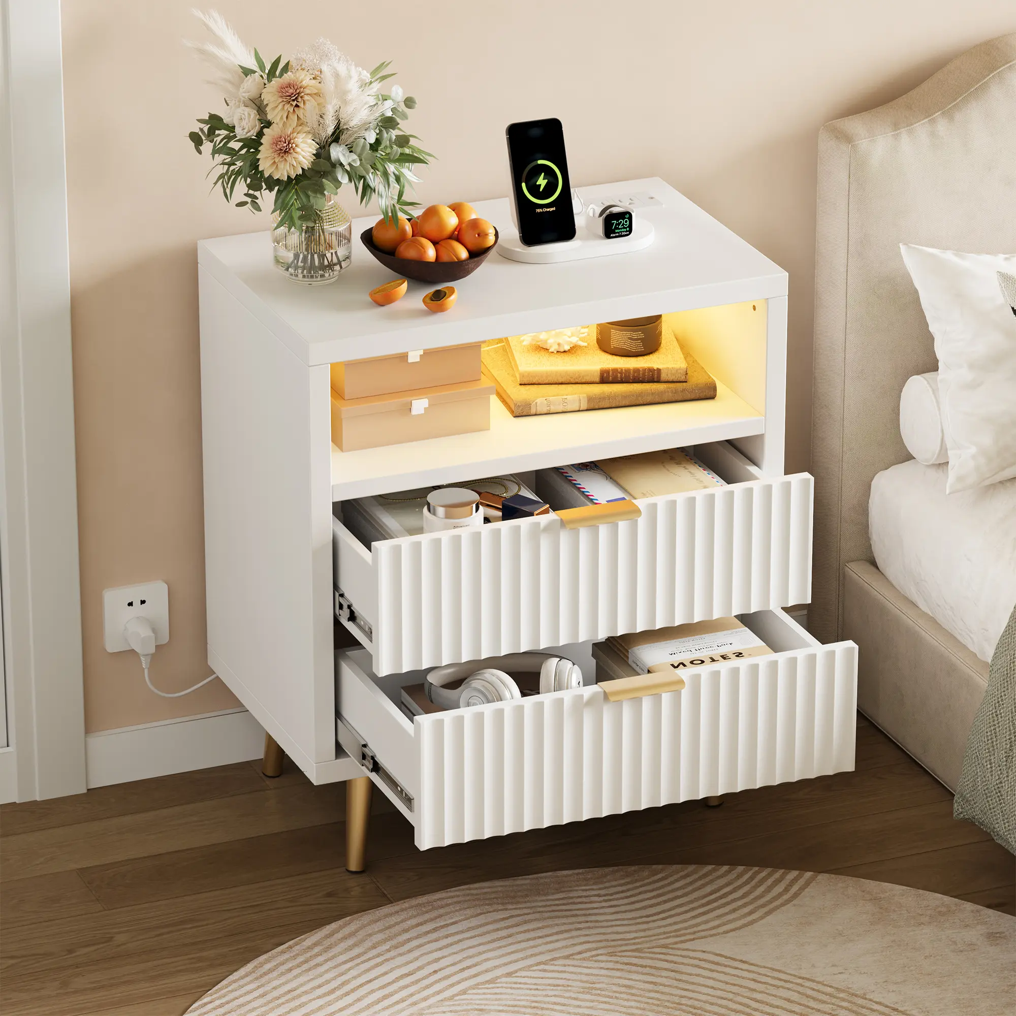 Fluted Nightstand with Charging Station & Lights | Wooden End Table with 2 Drawers & Open Shelf, Morden Bedside Table for Bedroom, Living Room