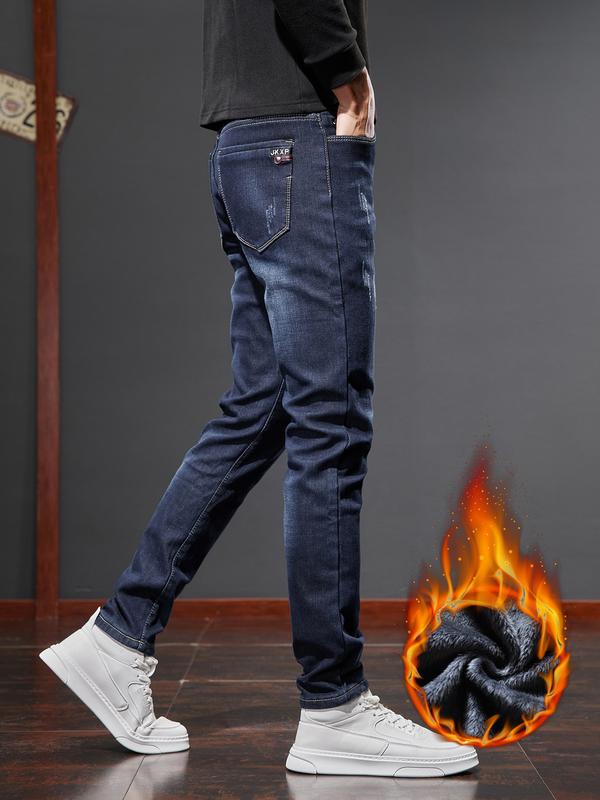 New Fall Winter Fleece Lined Thick Slim Fit Jeans for Men, Casual High-End Elastic Long Pants, Autumn Fashion Menswear