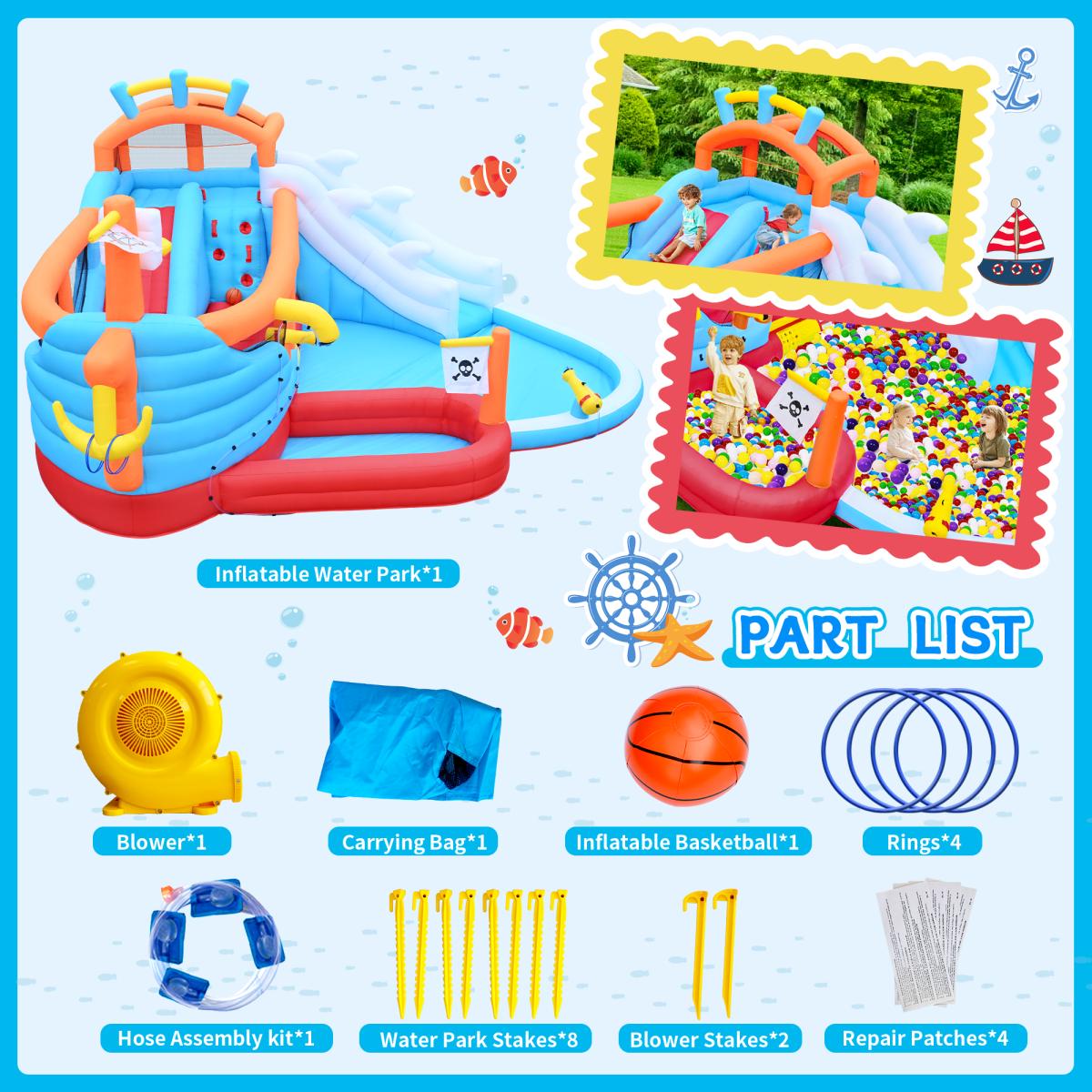 Aobtkel,9 in1 Inflatable slide water park bouncing house outdoor Soccer garden bouncer with Splash pool & Water gun & Climbing wall & Basketball & Football,Inflatable Water Slide With Air Blower, Inflatable Mighty Bounce, Mega Water Park Bouncy Cast