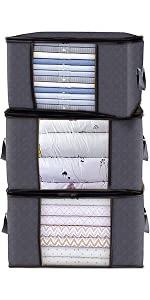 Clothes Storage Bags, Large Capacity Blanket Storage Containers Organizers for Comforters, Bedding, Foldable 3 Layer Fabric, Sturdy Zippers, Reinforced Handle,Clear Window,(Grey, 6 x 100L)