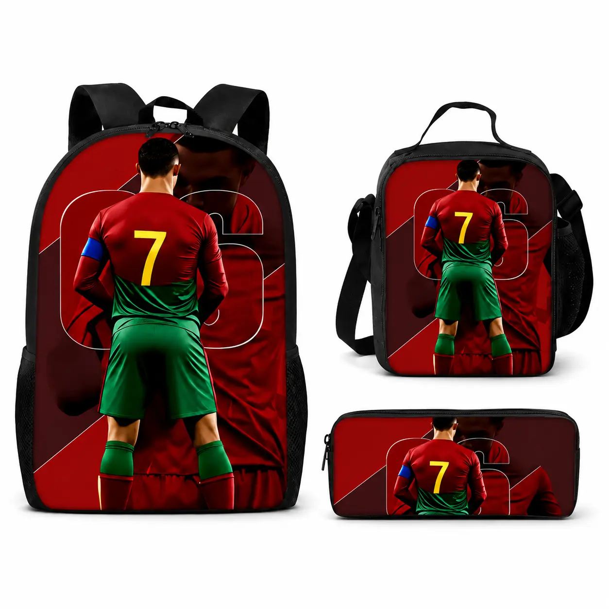 Football Star Red & Green Printed 3-Piece Backpack Set - Includes Lunch Bag, Pencil Case - Sports & Outdoor Gym Backpack Accessory
