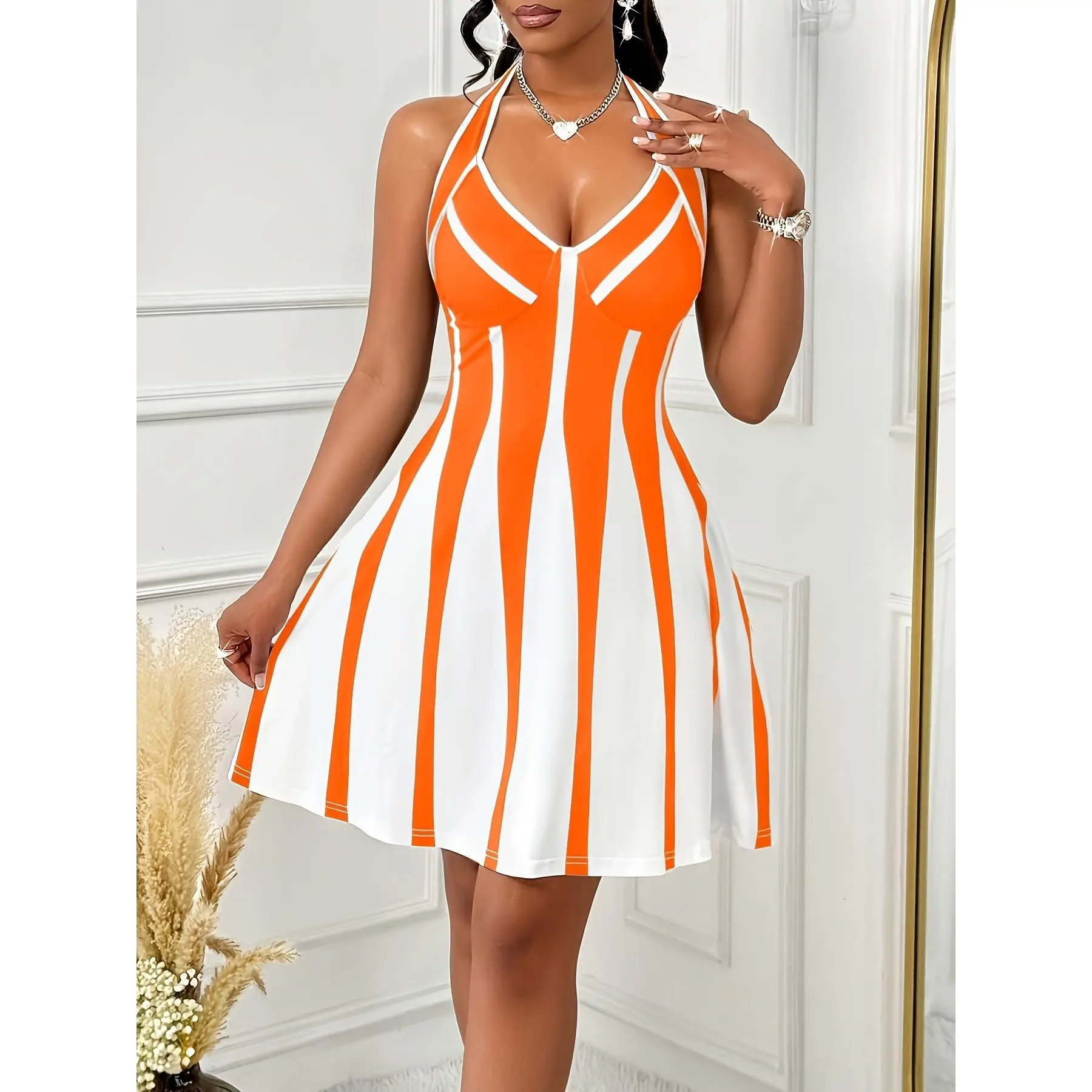 QD260420205 Directional Elegant Summer Casual Gathering Party Dress Halter Striped Print A-Line Mini Dress