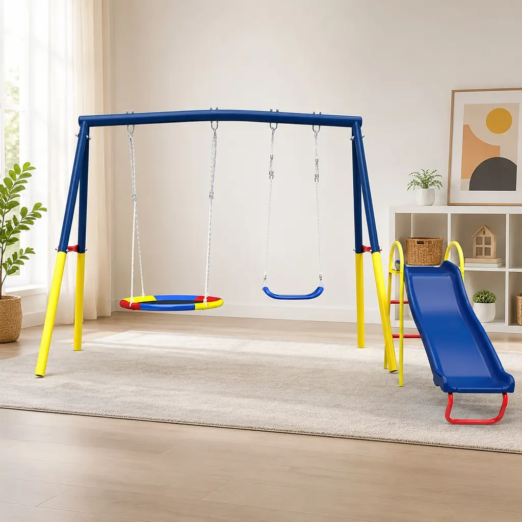 Heavy-Duty Metal 3-in-1 Swing Set for Backyard with Kids Slide, Saucer Swing & Belt Swing, Outdoor Playset for Garden Patio, ASTM & CPSC Compliant